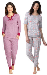 Models wearing Addison MeadowJogger PJs - Red and Addison MeadowWhisper Knit Joggers - Gray Floral image number 0