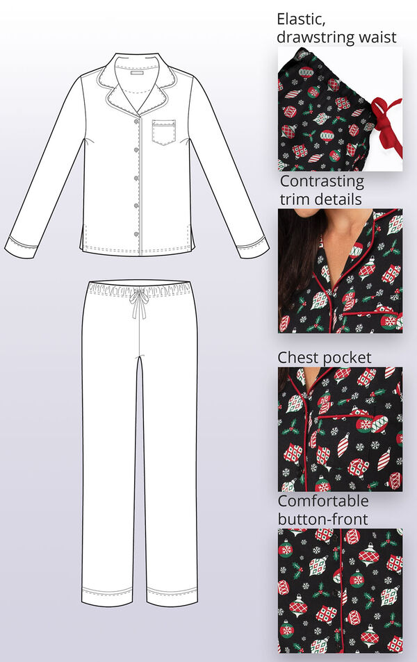 Ornament Boyfriend Pajamas feature an elastic, drawstring waist, contrasting trim details, chest pocket and comfortable button-front image number 3