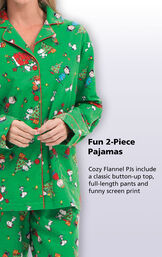 Cozy Flannel PJs include a classic button-up top, full-length pants and funny screen print image number 3
