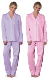 Models wearing Classic Polka-Dot Boyfriend Petite Pajamas - Lavender and Classic Polka-Dot Boyfriend Petite Pajamas - Pink. image number 0