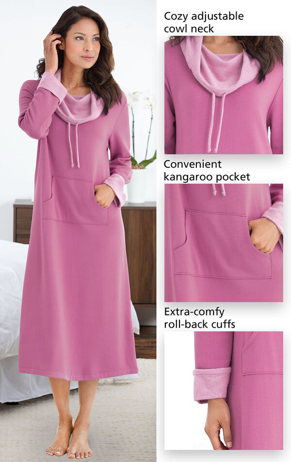 Close-ups of the features of World's Softest Nighty - Raspberry with the following copy: Cozy adjustable cowl neck, convenient kangaroo pocket, extra-comfy, roll-back cuffs image number 3