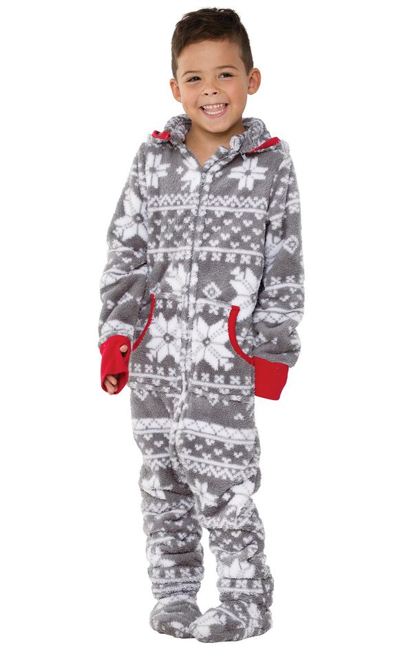 Model wearing Hoodie-Footie - Gray Fair Isle Fleece for Kids image number 0