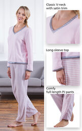 Close-ups of the features of Snuggle Fleece Pajamas - Pink Stripe which include a classic V-neck with satin trim, long-sleeve top and comfy full-length PJ pants image number 3