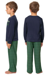 Model wearing Green Windowpane Check PJ with Graphic Tee for Youth, facing away from the camera and then facing towards the side image number 1