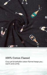 Black fabric with champagne bottle/glass print and the following copy: 100% cotton flannel: cozy yet breathable cotton flannel keeps you warm and comfy image number 3