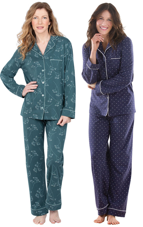 Models wearing Jersey Boyfriend Pajamas - Green Floral Print and Classic Polka-Dot Women's Pajamas - Navy image number 0