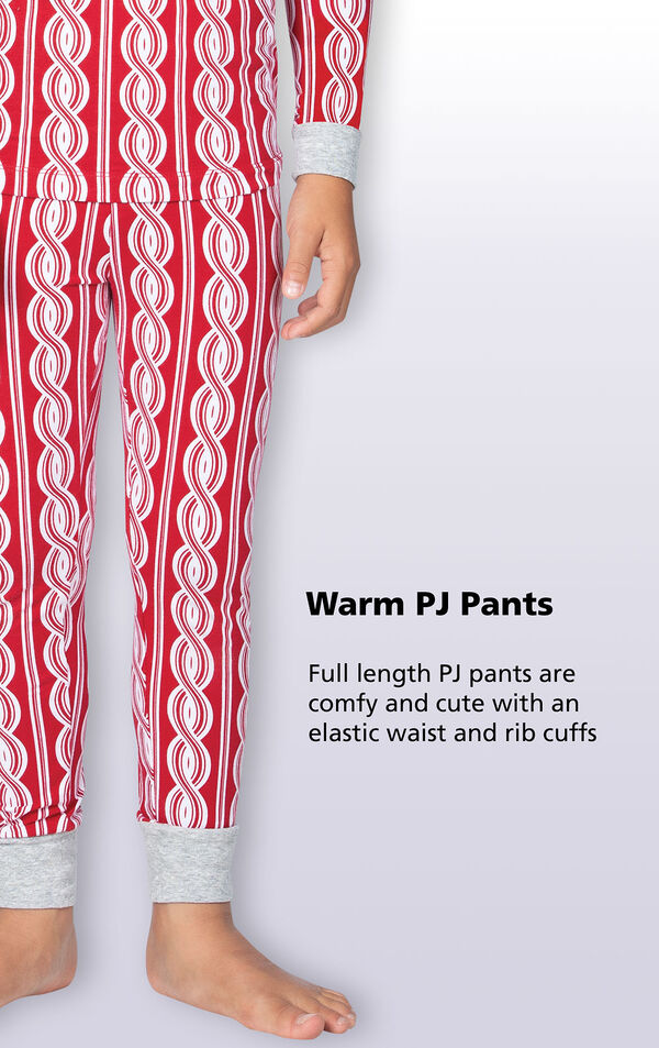 Red and White Peppermint Twist PJ for Kids have comfy and cute full-length PJ pants with an elastic waist and rib cuffs image number 3