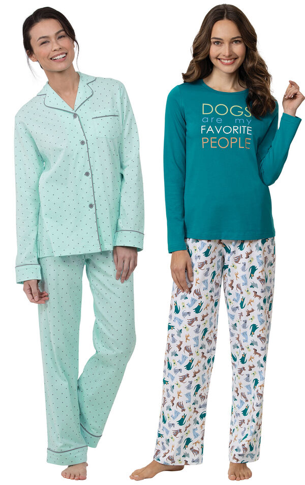 Models wearing Dogs Are My Favorite Pajamas and Classic Polka-Dot Boyfriend Pajamas - Mint image number 0