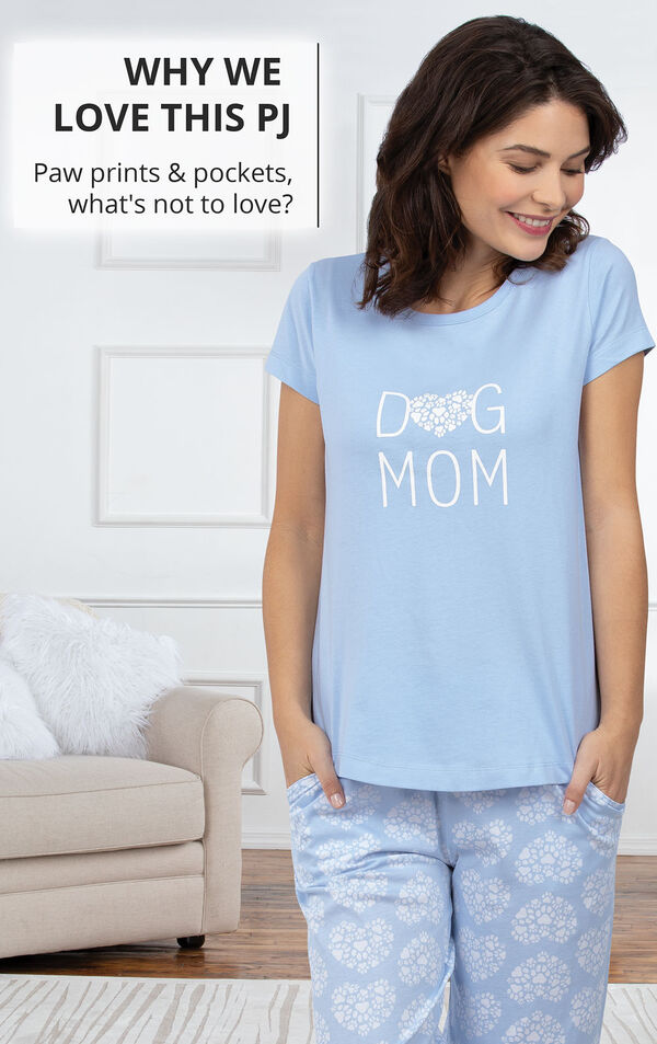 Model wearing light blue Dog Mom Pajamas with the following copy: WHY WE LOVE THIS PJ - Paw prints and pockets, what's not to love? image number 2