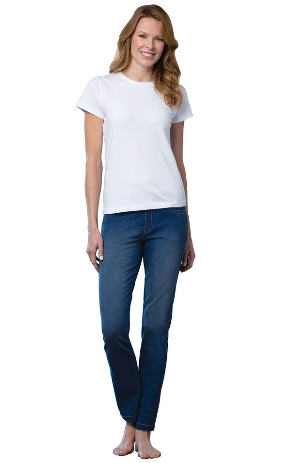Model wearing PajamaJeans - Skinny Bluestone Wash, facing to the side