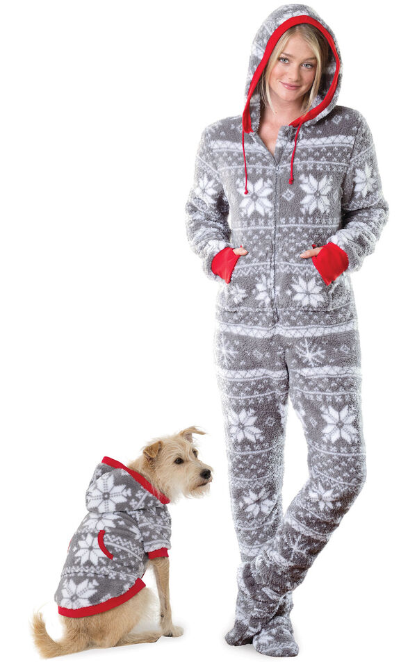 Models wearing Hoodie-Footie - Gray Fair Isle Fleece - Matching Pet and Owner PJs image number 0