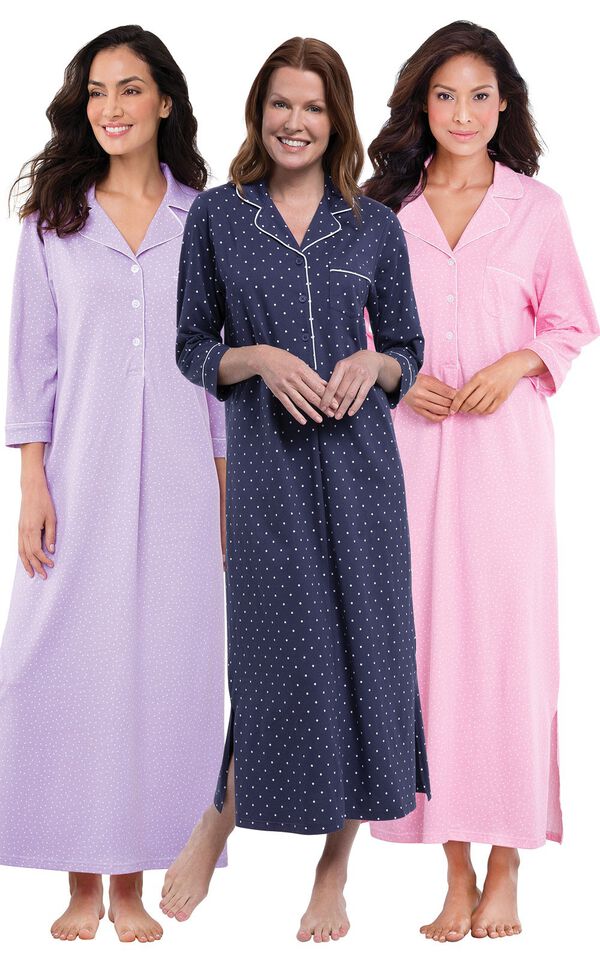 Models wearing Classic Polka-Dot Nighty - Navy, Oh-So-Soft Pin Dot Nighty - Pink and Oh-So-Soft Pin Dot Nighty - Lavender. image number 0