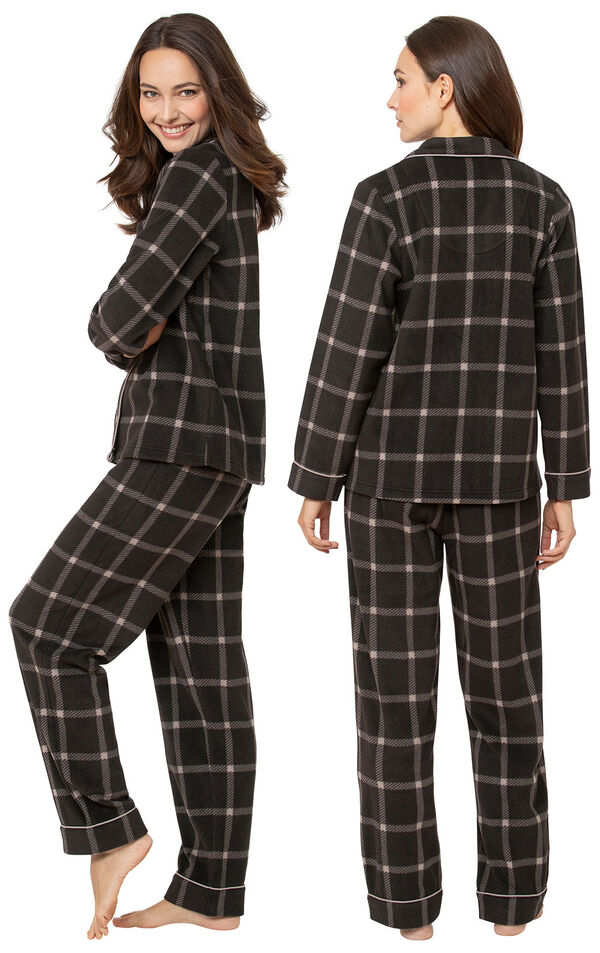 Model wearing Charcoal Check Fleece Boyfriend Pajamas, facing away from the camera and then facing to the side image number 1