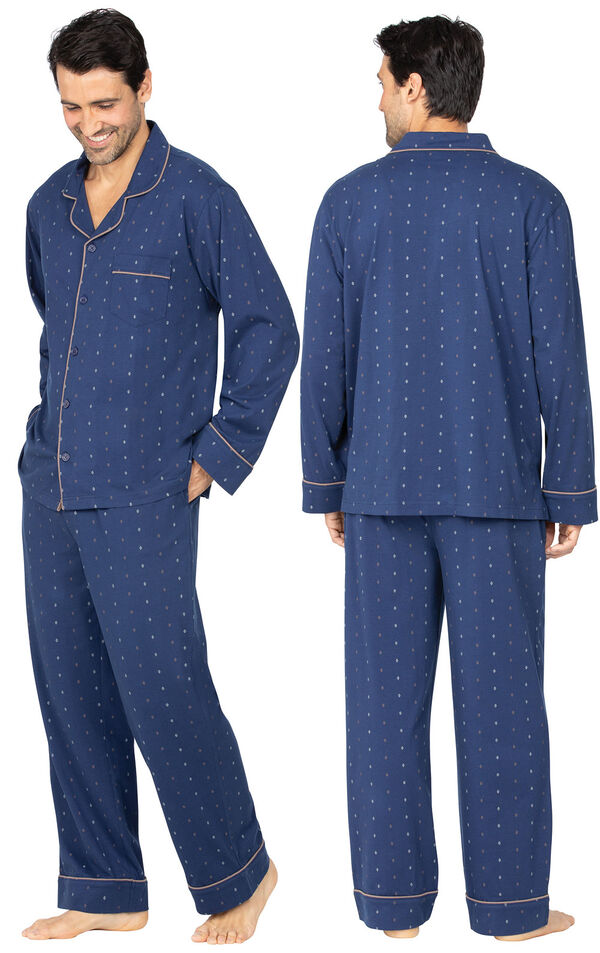 Model wearing Geo-Printed Men's Pajamas, facing away from the camera and then facing to the side image number 1