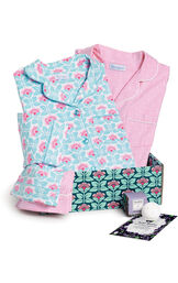 Modern Floral Boyfriend PJs and Pink Polka Dot Boyfriend PJs in a blue and pink floral gift box with a bath bomb and acai berry face mask image number 0