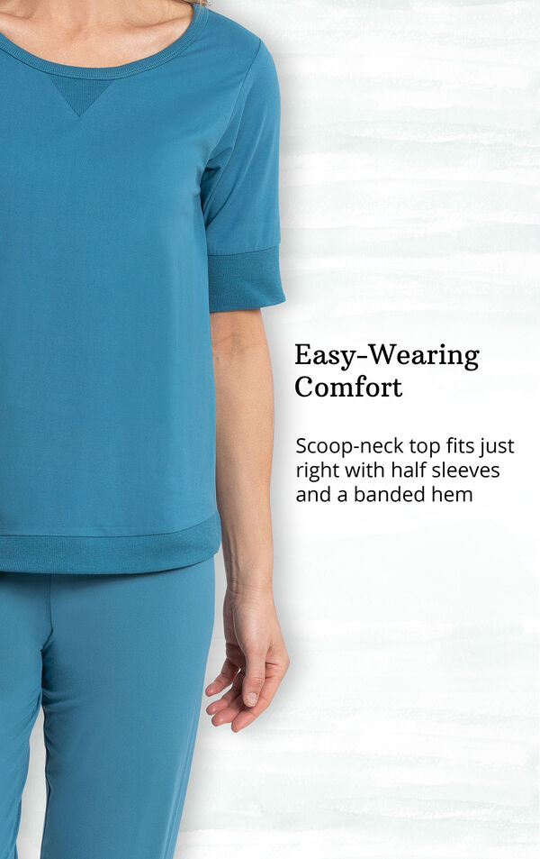 Teal Whisper Knit Jogger PJs feature a scoop-neck top with half sleeves and a banded hem image number 2