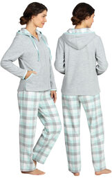 Model wearing Aqua Plaid Fleece Hoodie PJ for Women, facing away from the camera and then to the side image number 1