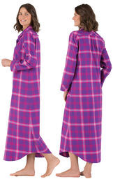 Model wearing Pink and Purple Bright Plaid Gown for Women, facing away from the camera and then to the side image number 1
