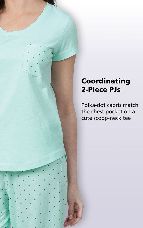 Mint with Gray Polka Dots coordinating 2-piece PJs - polka-dot capris match the chest pocket on a cute scoop-neck tee image number 2
