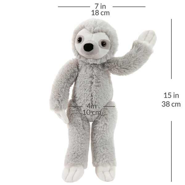 15" Buddy Sloth - Front view of standing slim gray and white Sloth with a width measurement of 7 in or 18 cm and and length measurement of 15 in or 38 cm long and 4 in or 10 cm across the belly. 