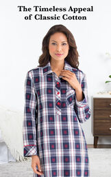 Model wearing Snowfall Plaid Nighty by bed with the following copy: The Timeless Appeal of Classic Cotton image number 2