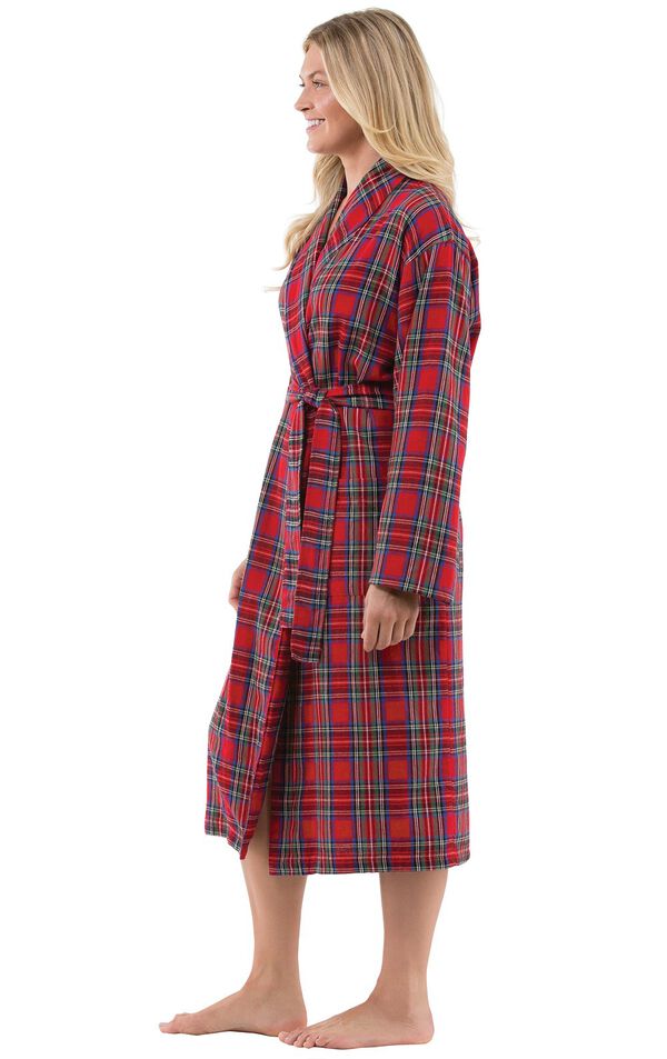 Model wearing Red Classic Plaid Wrap Robe for Women, facing to the side