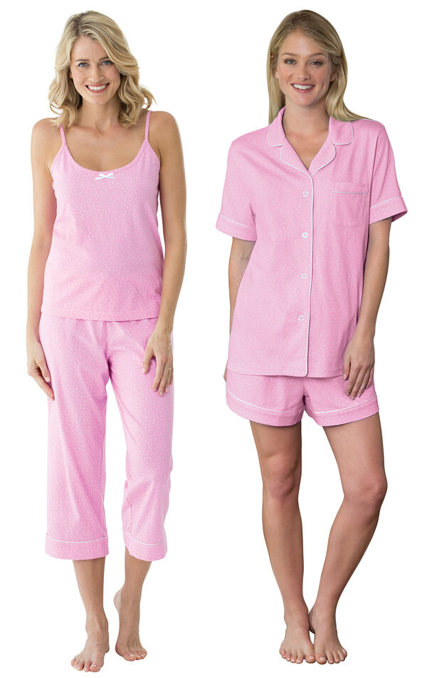 Models wearing Classic Polka-Dot Capri Pajamas - Pink and Classic Polka-Dot Short Set - Pink. image number 0