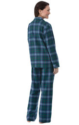 Model wearing Green and Blue Plaid Button-Front PJ for Women, facing away from the camera image number 1