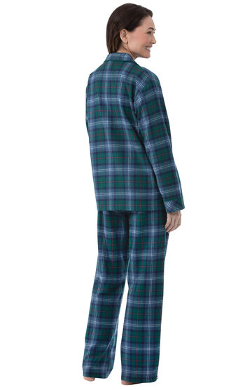 Model wearing Green and Blue Plaid Button-Front PJ for Women, facing away from the camera