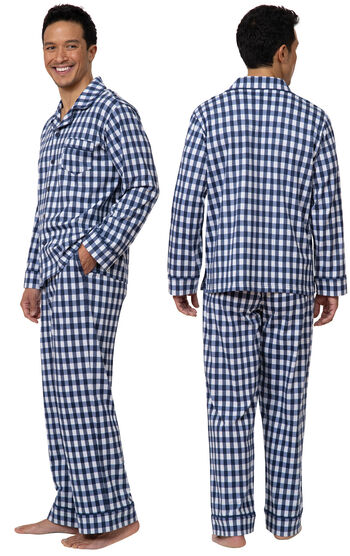 Model wearing Blue Gingham Button-Front PJ for Men, facing away from the camera and then facing to the side