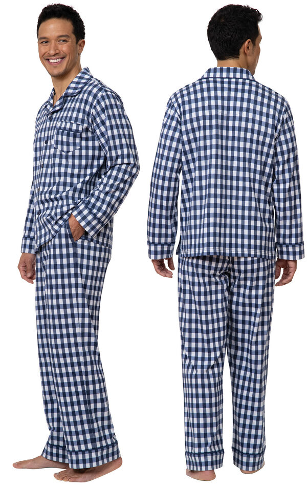 Model wearing Blue Gingham Button-Front PJ for Men, facing away from the camera and then facing to the side image number 1