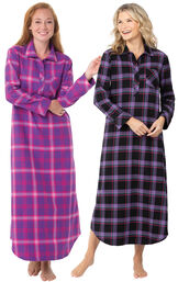 Models wearing Blackberry Plaid Flannel Nightgown and Raspberry Plaid Flannel Nighty. image number 0
