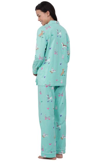 Model wearing Light Blue Dog Print Button-Front PJ for Women, facing away from the camera