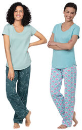 Models wearing Short-Sleeve V-Neck Pajamas - Aqua Floral and Short-Sleeve Jersey Pajamas - Green Floral Print image number 0