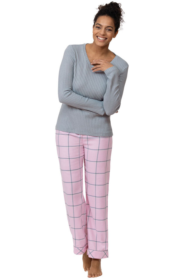 Model wearing Light Pink and Gray Plaid Thermal Top PJ for Women image number 0