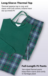 Flat shot of Heritage Plaid Thermal-Top Pajamas with the following copy: Long-sleeve thermal pajama top is cozy and classic with soft cotton; Infants have zip-up onesie PJ. Yarn=dyed flannel full-length PJ Pants keep them warm and comfy in heritage plaid. image number 3