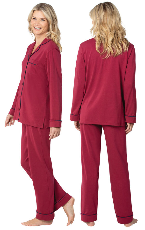 Model wearing Jersey Boyfriend Pajamas - Cabernet, facing away from the camera and then facing to the side image number 1