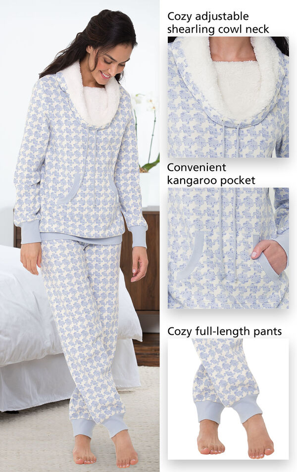 Close-ups of the features of Snow Day Shearling Rollneck Pajamas which include a cozy adjustable shearling cowl neck, convenient kangaroo pocket and cozy full-length pants image number 4