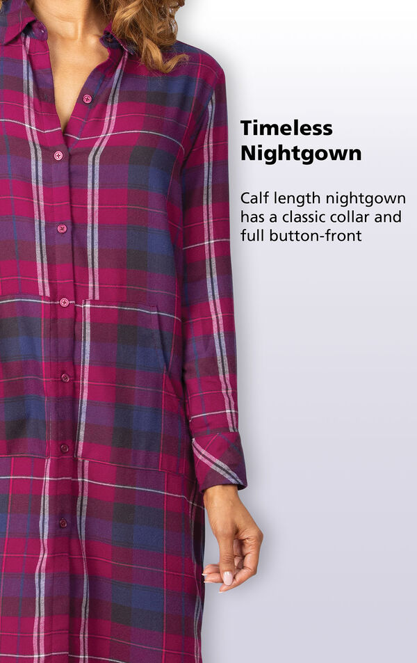 Timeless, calf length nightgown has a classic collar and full button-front and convenient kangaroo pockets image number 2