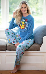 Woman sitting in bay window wearing Light Blue Grateful Dead Pajamas image number 2