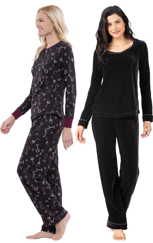Models wearing Velour Long-Sleeve Pajamas - Black and Wine Down Pajamas. image number 0