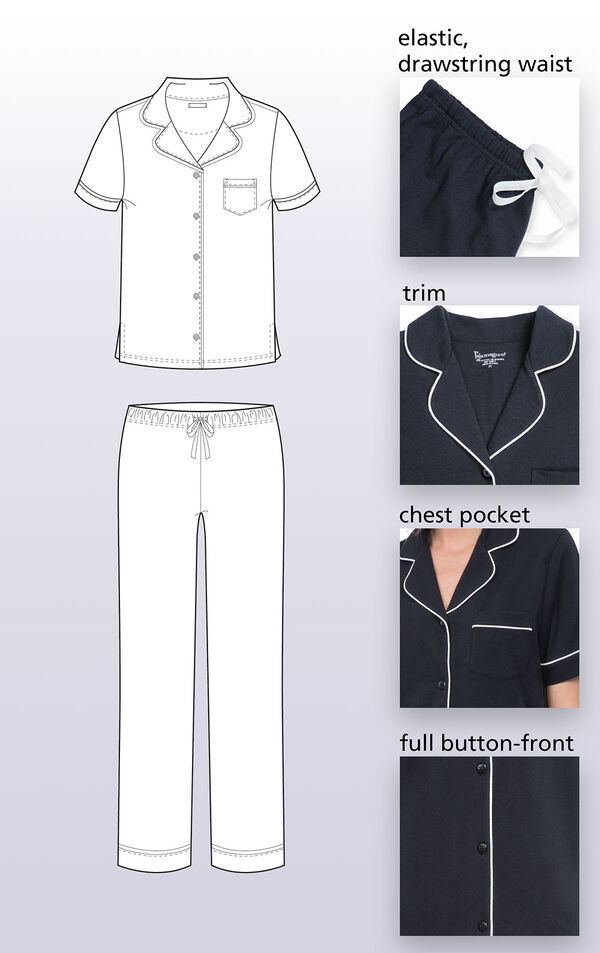 Technical drawing highlighting the following features: elastic drawstring waist, white trim, chest pocket and full button front image number 3