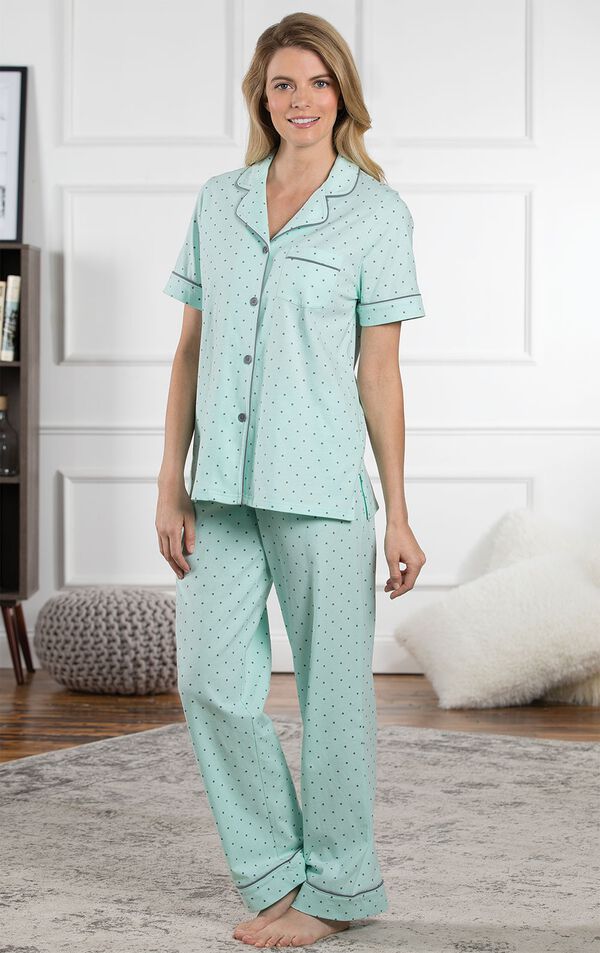Model standing on rug wearing Mint and Gray Polka Dot Short Sleeve Button-Front PJ for Women