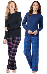 Models wearing Blackberry Plaid Jersey-Top Flannel Pajamas and Indigo Plaid Jersey-Top Flannel Pajamas. image number 0