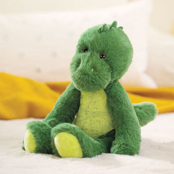 15" Buddy Dinosaur- Seated front view of bright and lime green dinosaur with fabric spikes