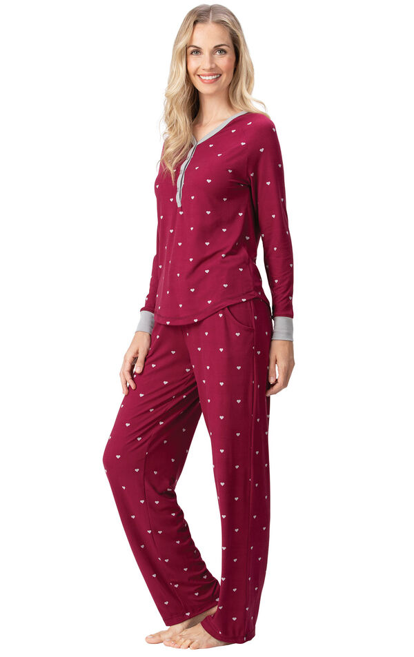 Model wearing Whisper Knit Henley Pajamas - Garnet Hearts, facing to the side image number 2
