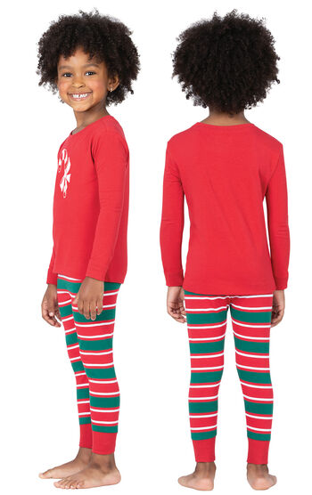 Model wearing Red and Green Christmas Stripe PJ for Toddlers, facing away from the camera and then to the side