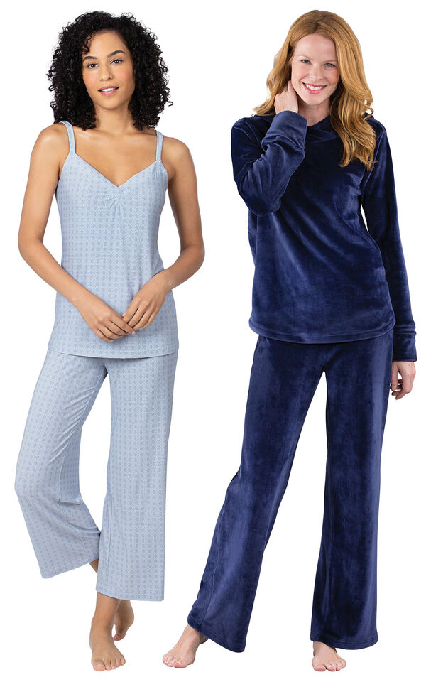 Models wearing Naturally Nude Capri Pajamas - Blue and Tempting Touch PJs - Midnight Blue. image number 0