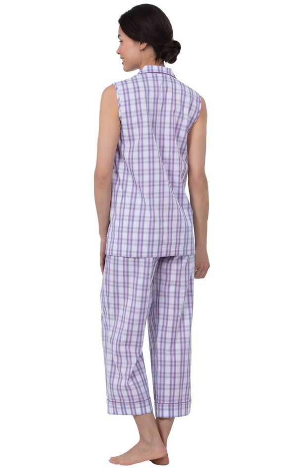 Model wearing Light Purple Plaid Capri PJ for Women, facing away from the camera image number 2