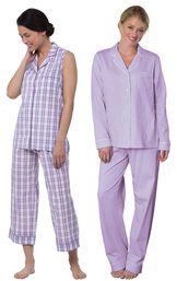 Models wearing Perfectly Plaid Sleeveless Capri Pajamas and Oh-So-Soft Pin Dot Boyfriend Pajamas - Lavender. image number 0